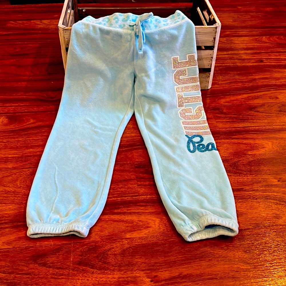 Justice velour track pants. Size 6, blue.